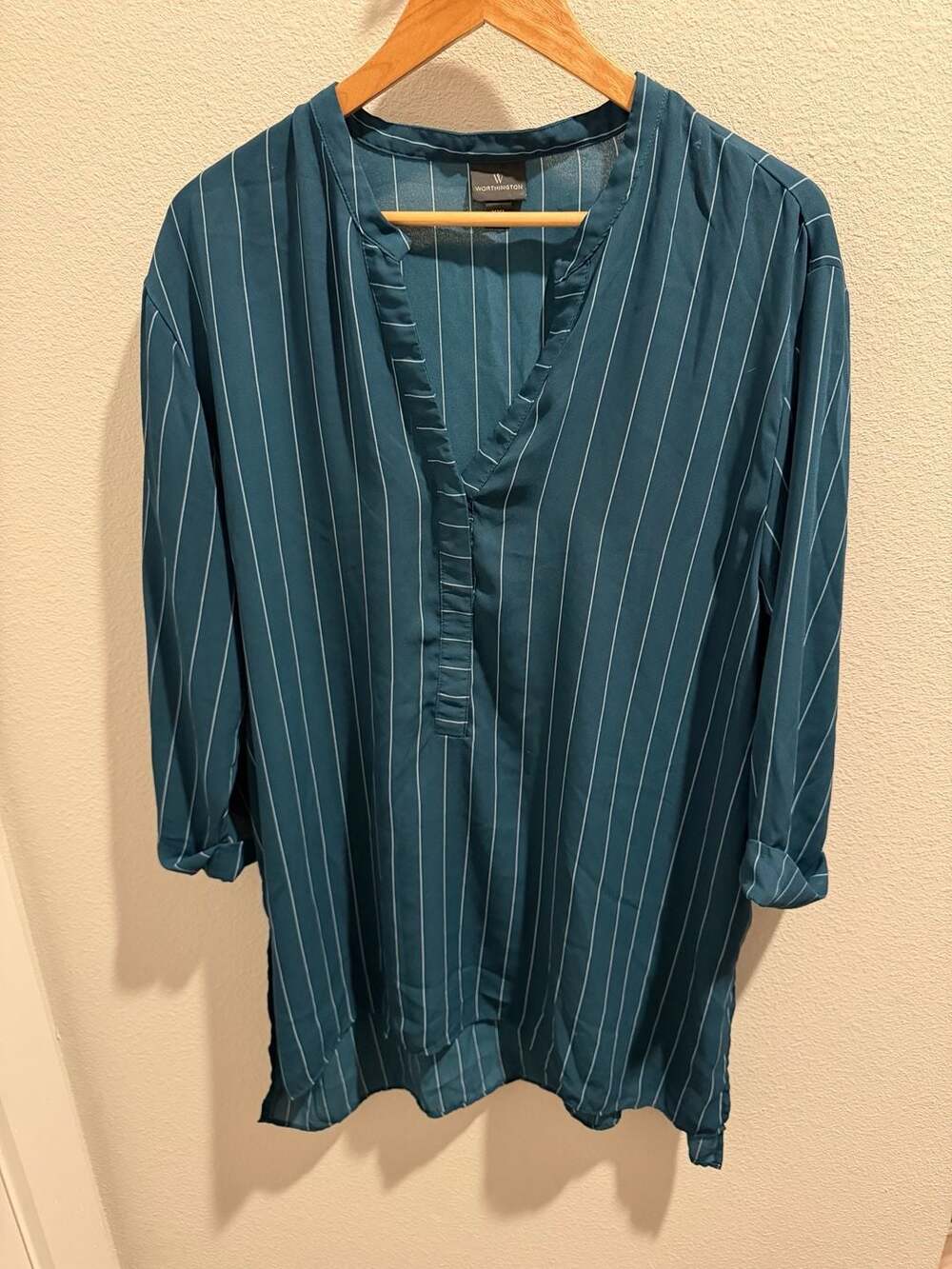 Worthington Teal Striped V-Neck Tunic Blouse XXL‎